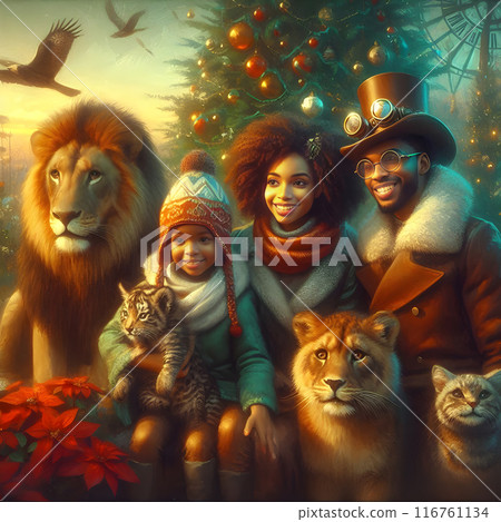 Family is posing with their lion and tiger cubs in a festive holiday setting 116761134