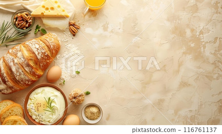 工作台上排列著麵包和配料 116761137