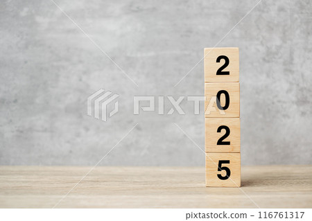 block 2025 text on table. Resolution, strategy, plan, goal, motivation, reboot, business and New Year holiday concepts 116761317