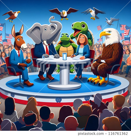Animals engaging in a political debate on stage in front of a large crowd Animals engaging in a political debate on stage in front of a large crowd 116761362