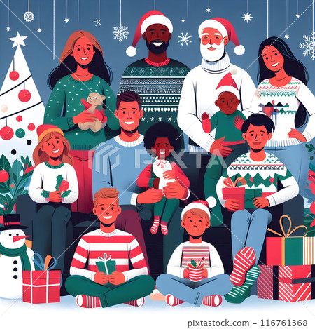 Multiethnic family in festive christmas sweaters and santa hats celebrating together at home, holding presents and posing for a holiday photo Multiethnic family in festive christmas sweaters and santa hats celebrating together at home, holding presents and posing for a holiday photo 116761368