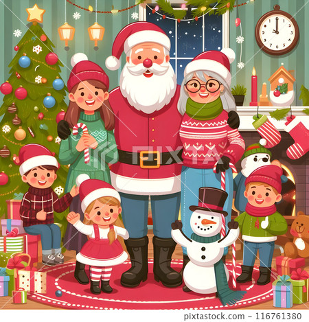 Happy family celebrates christmas in a warm living room with festive decorations and gifts, sharing love and happiness Happy family celebrates christmas in a warm living room with festive decorations and gifts, sharing love and happiness 116761380