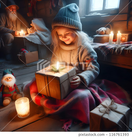 Young girl sits on a wooden floor, holding a christmas present wrapped in brown paper, illuminated by a candle in the cozy ambiance of a mountain cabin during the holiday season 116761393