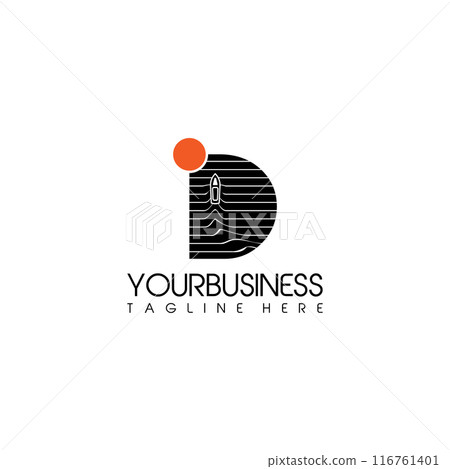 Letter D with boat in the ocean outline style for element design Letter D with boat in the ocean outline style for element design 116761401