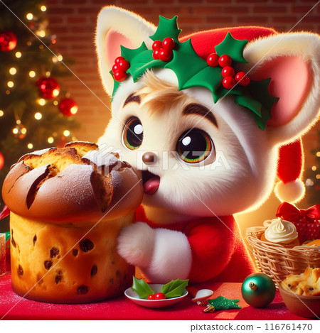 Festive character in a holiday hat and sweater is relishing a christmas feast with a large panettone Festive character in a holiday hat and sweater is relishing a christmas feast with a large panettone 116761470