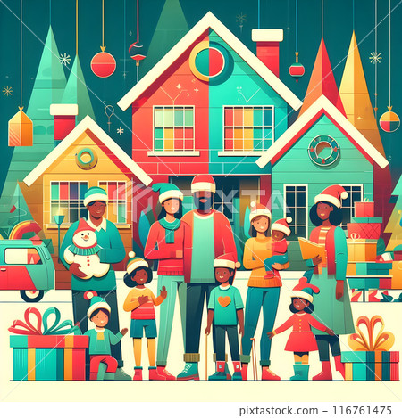 Big family in cozy winter attire, posing in a festive christmas neighborhood Big family in cozy winter attire, posing in a festive christmas neighborhood 116761475