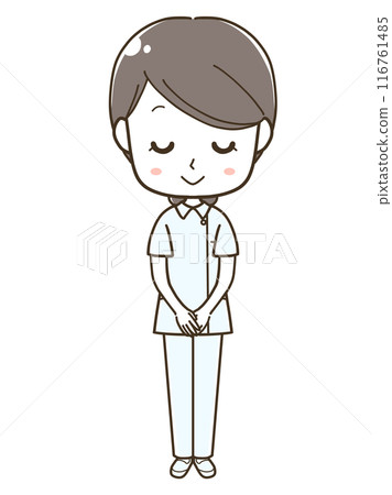 Full-body illustration of a young female nurse bowing 116761485