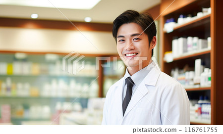 一位年輕的男藥劑師,笑容清新,在藥局工作 一位年輕的男藥劑師,笑容清新,在藥局工作 116761755