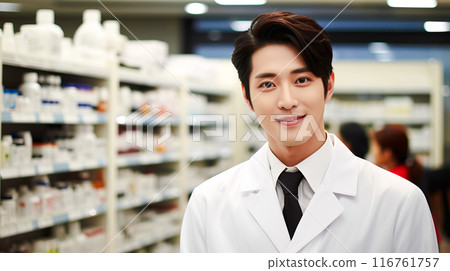 一位年輕的男藥劑師,笑容清新,在藥局工作 一位年輕的男藥劑師,笑容清新,在藥局工作 116761757