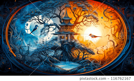 Illustration of Ying yang of balance Yggdrasil tree of life Norse mythology. Balance concept. Generative Ai. 116762167