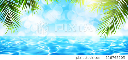 Tropical Summer Vacation Background with Palm Leaves and Reflected Water for Travel and Leisure Themes 116762205