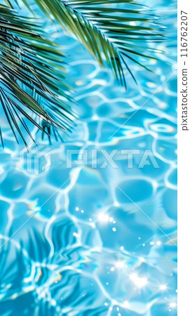 Tropical Summer Vacation Background with Palm Leaves and Reflected Water for Travel and Leisure Themes 116762207