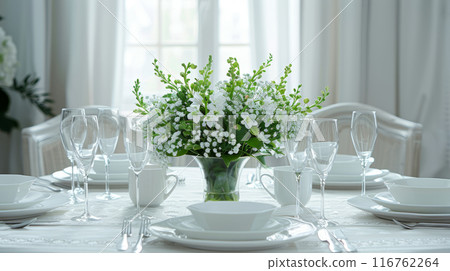 Beautiful Wedding Bouquet on Elegant White Table Setting for Romantic Celebrations 116762264