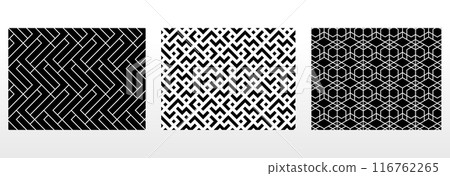 Geometric set of seamless black and white patterns. Simple vector graphics. 116762265