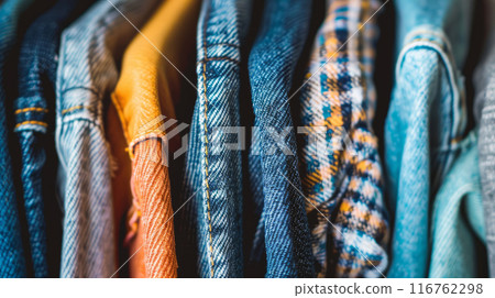 Close-Up of Various Denim Clothing in Different Colors and Textures for Fashion and Apparel Concepts 116762298