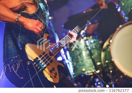 Five string electric bass in a band Five string electric bass in a band 116762377