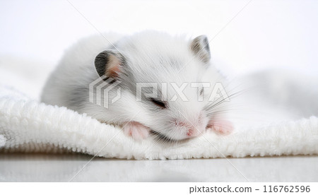 A baby white hamster sleeping on a white blanket 116762596