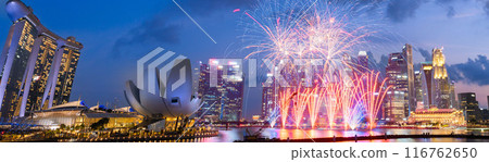 Singapore Panorama: Fireworks celebrating Independence Day over Marina Bay Singapore Panorama: Fireworks celebrating Independence Day over Marina Bay 116762650