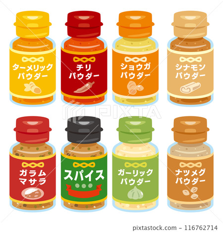 Spice set in a bottle with Japanese text Spice set in a bottle with Japanese text 116762714