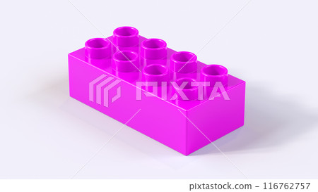Magenta Plastic Lego Block on a White Background. Children Toy Brick, Perspective View. Close Up View of a Game Block for Constructors. 3D rendering. 8K Ultra HD, 7680x4320, 300 dpi 116762757