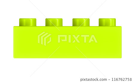 Lime Green Lego Block Isolated on a White Background. Close Up View of a Plastic Children Game Brick for Constructors, Front View. High Quality 3D Rendering with a Work Path. 8K Ultra HD, 7680x4320 116762758