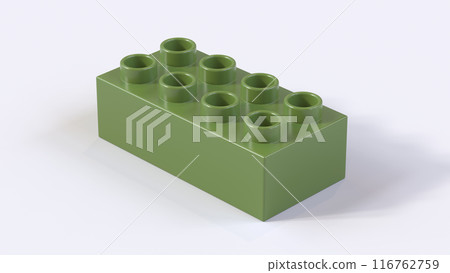 Olive Green Plastic Lego Block on a White Background. Children Toy Brick, Perspective View. Close Up View of a Game Block for Constructors. 3D rendering. 8K Ultra HD, 7680x4320, 300 dpi 116762759