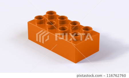 Burnt Orange Plastic Lego Block on a White Background. Children Toy Brick, Perspective View. Close Up View of a Game Block for Constructors. 3D Rendering. 8K Ultra HD, 7680x4320, 300 dpi 116762760