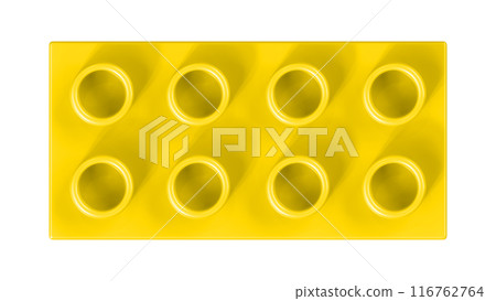 Gold Lego Block Isolated on a White Background. Close Up View of a Plastic Children Game Brick for Constructors, Top View. High Quality 3D Rendering with a Work Path. 8K Ultra HD, 7680x4320, dpi 116762764