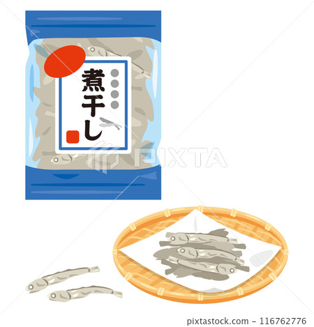 Dried sardines in a bag and in a colander 116762776