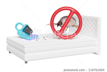 3d vacuum cleaner on bed with dust mites, warning sign isolated. concept of cleaning dust mites, bacteria, germs with ultraviolet light, 3d illustration render 3d vacuum cleaner on bed with dust mites, warning sign isolated. concept of cleaning dust mites, bacteria, germs with ultraviolet light, 3d illustration render 116762884