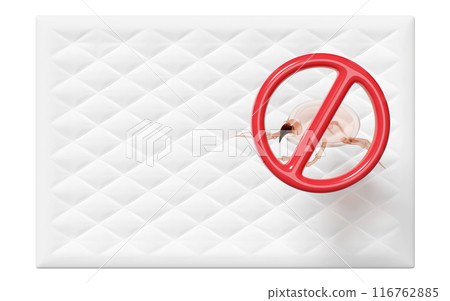 3d bed with dust mites, warning sign isolated. concept of cleaning dust mites, bacteria, germs, 3d illustration render 116762885
