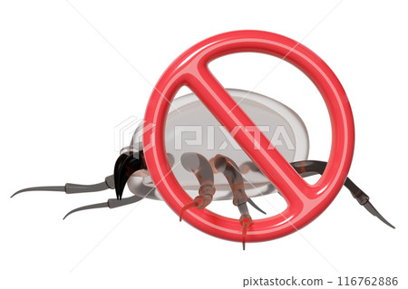 3d dust mites with warning sign isolated. concept of cleaning dust mites, bacteria, germs, 3d illustration render 116762886