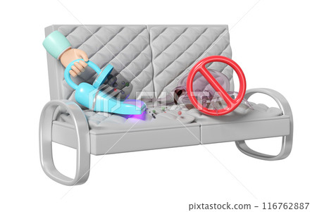 3d hand holding vacuum cleaner on sofa with warning sign isolated. concept of cleaning dust mites, bacteria, germs with ultraviolet light, 3d illustration render 116762887