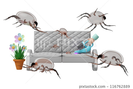 3d hand holding vacuum cleaner on sofa isolated. concept of cleaning dust mites, bacteria, germs with ultraviolet light, 3d illustration render 3d hand holding vacuum cleaner on sofa isolated. concept of cleaning dust mites, bacteria, germs with ultraviolet light, 3d illustration render 116762889