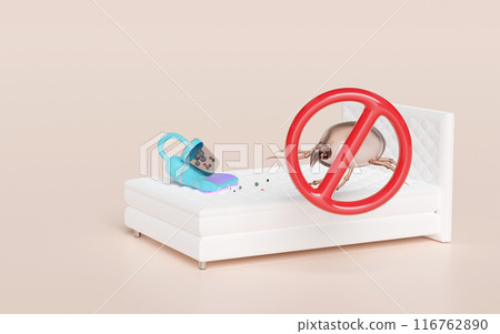 3d vacuum cleaner on bed with dust mites, warning sign isolated on pink background. concept of cleaning dust mites, bacteria, germs with ultraviolet light, 3d illustration render 116762890