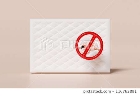 3d bed with dust mites, warning sign isolated on pink background. concept of cleaning dust mites, bacteria, germs, 3d illustration render 3d bed with dust mites, warning sign isolated on pink background. concept of cleaning dust mites, bacteria, germs, 3d illustration render 116762891