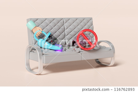 3d hand holding vacuum cleaner on sofa with warning sign isolated on pink background. concept of cleaning dust mites, bacteria, germs with ultraviolet light, 3d illustration render 116762893