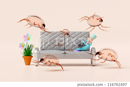 3d hand holding vacuum cleaner on sofa isolated on pink background. concept of cleaning dust mites, bacteria, germs with ultraviolet light, 3d illustration render 116762897