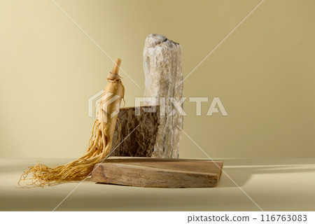 Frontal view photography for ginseng product advertising, against on light yellow background. An empty wooden pedestal displayed in the center of the table, in back of it is some rock Frontal view photography for ginseng product advertising, against on light yellow background. An empty wooden pedestal displayed in the center of the table, in back of it is some rock 116763083