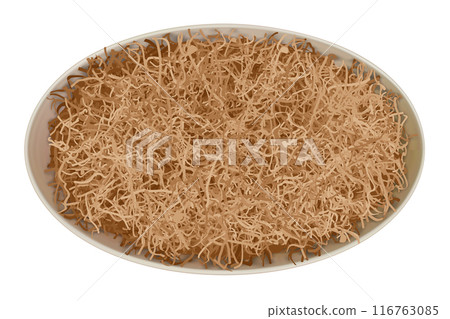 Oval gift package box with brown craft wrapping shredded paper as a filler isolated on white 116763085