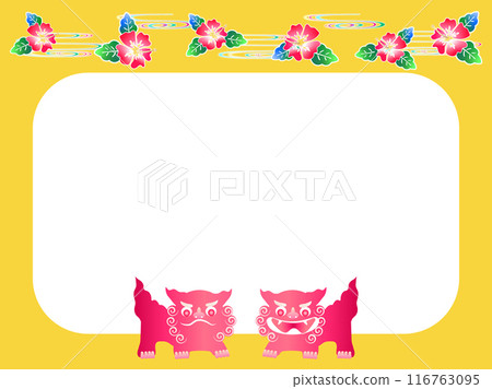 Okinawa tradition, Bingata hibiscus and Shisa frame 116763095