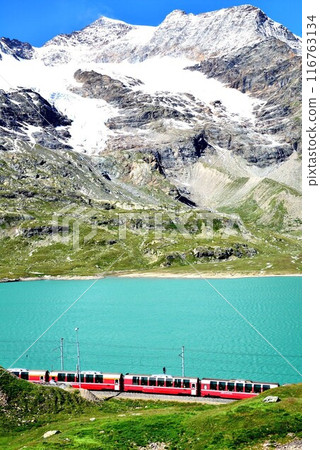 Glaciers can be seen from the Bernina train. This is the Cambrena Glacier. Glaciers can be seen from the Bernina train. This is the Cambrena Glacier. 116763134