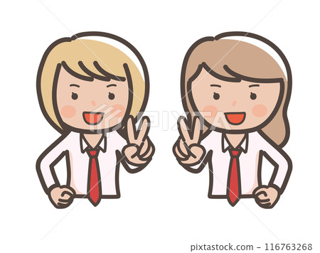 Illustration of the upper body of two kogal-style high school girls smiling and making peace signs 116763268