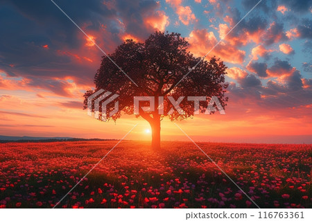 Alone tree stands in a field of red flowers, with the sun setting in the background. The scene is serene and peaceful Alone tree stands in a field of red flowers, with the sun setting in the background. The scene is serene and peaceful 116763361