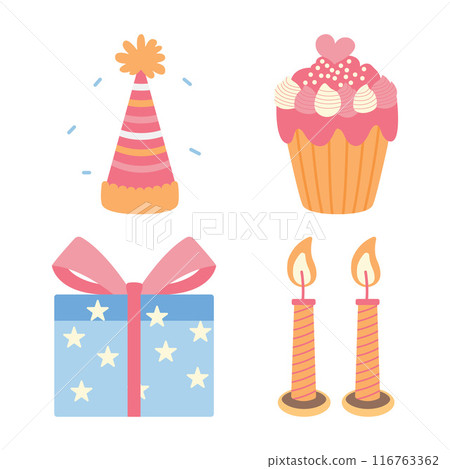 Cute Children Birthday Stuff with Cupcake Candle Gift Box Vector Illustration Set 116763362