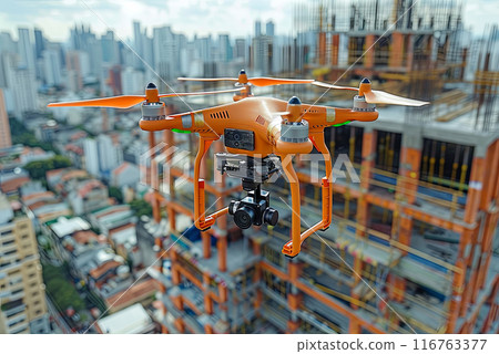 Drone flies over the construction of a building for inspection and monitoring 116763377
