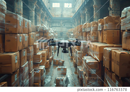 Drone is flying in a warehouse full of boxes and shelves Drone is flying in a warehouse full of boxes and shelves 116763378