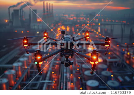 Equipped drone flies over an industrial zone at night Equipped drone flies over an industrial zone at night 116763379