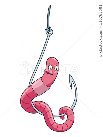 Cute worm character on hook. Fishing leisure icon. Funny symbol on fishing hook in cartoon style. Vector illustration Cute worm character on hook. Fishing leisure icon. Funny symbol on fishing hook in cartoon style. Vector illustration 116763591