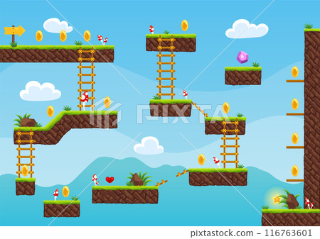 Game level map. Arcade 2d video game for old computer or console. Cartoon computer or mobile arcade with bonus items, jumping road to goal play. Vector cartoon illustration 116763601